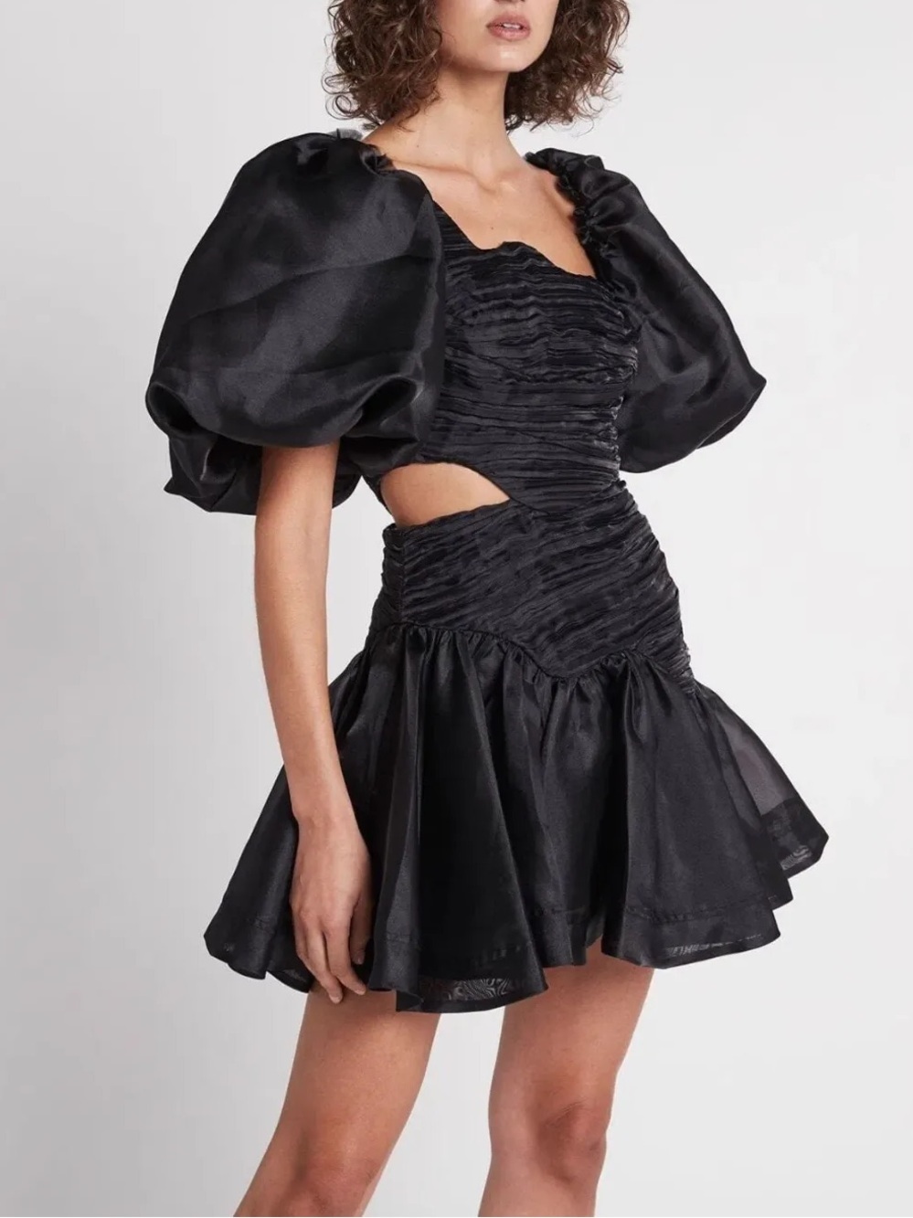 Aje Joan Puff Sleeve Cutout Mini Dress Black NWT